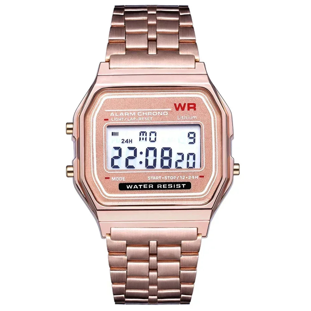 Luxury Retro Square Digital Watches for Men and Women - Rose Gold and Silver Ladies Wristwatches