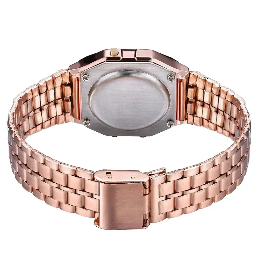 Luxury Retro Square Digital Watches for Men and Women - Rose Gold and Silver Ladies Wristwatches